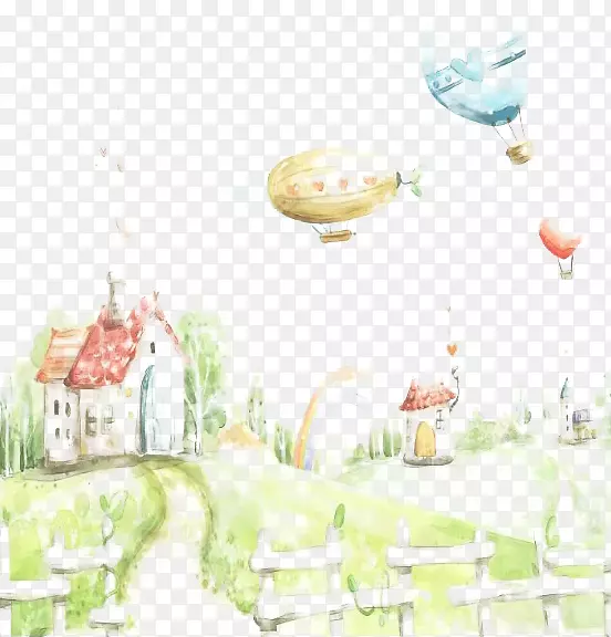美丽村庄和大氢气球卡通