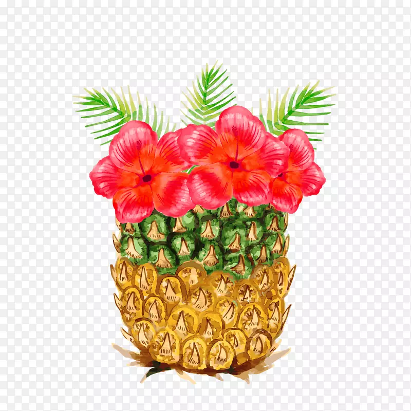 水彩绘插在菠萝里的扶桑花矢量图