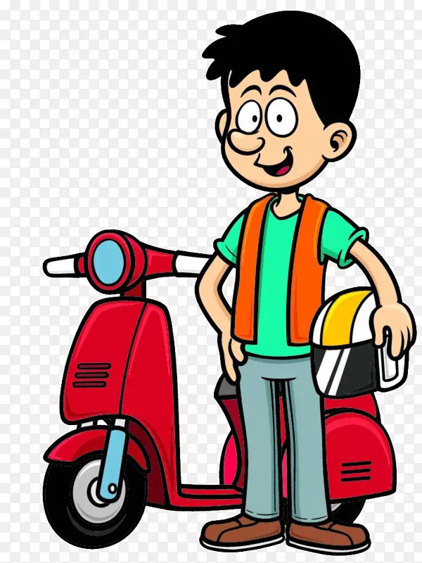 卡通可爱插图骑摩托车的小男孩