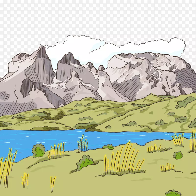 彩绘山与河流风景矢量图
