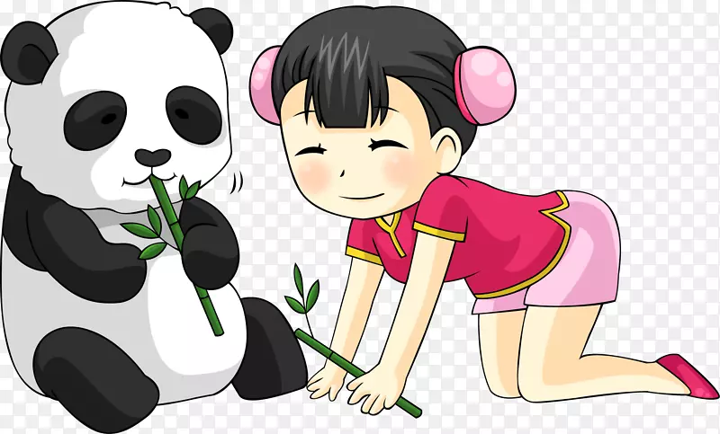 矢量手绘小女孩与熊猫
