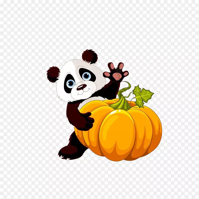 卡通躲在南瓜后面打招呼的小熊猫
