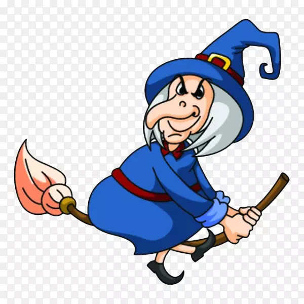 卡通坐在魔法扫帚上的老女巫