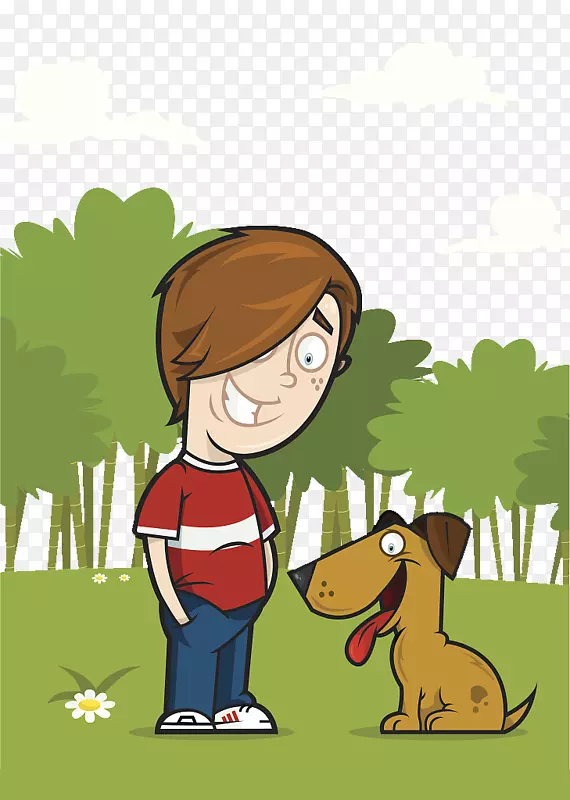 卡通插图草地上男孩与小狗
