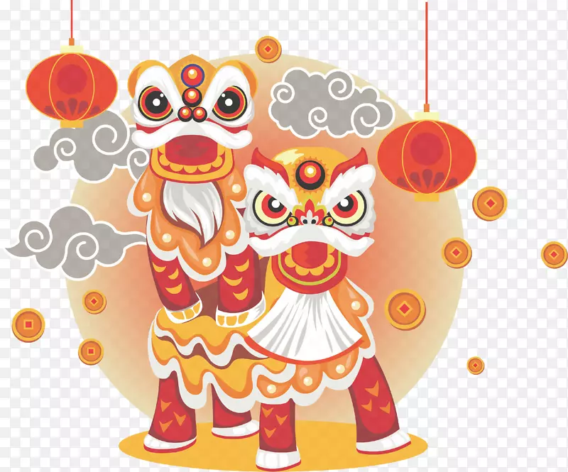 新年舞狮卡通手绘png免抠图