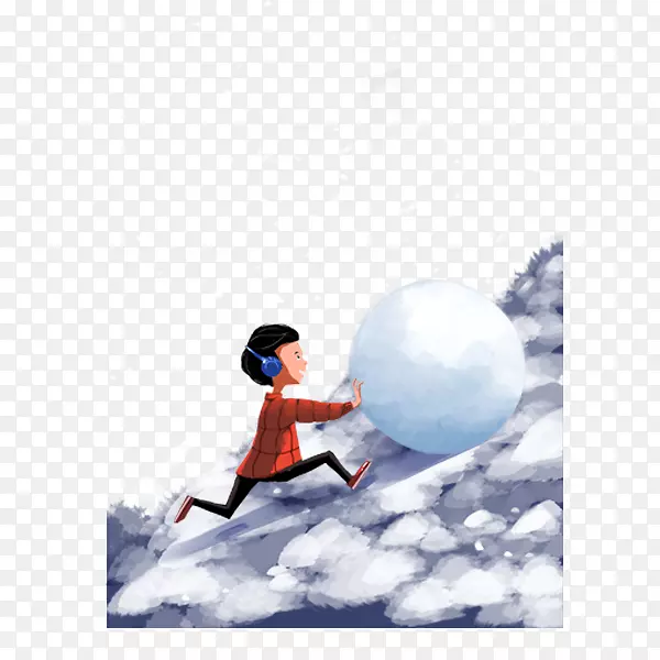 卡通手绘推雪球的男孩