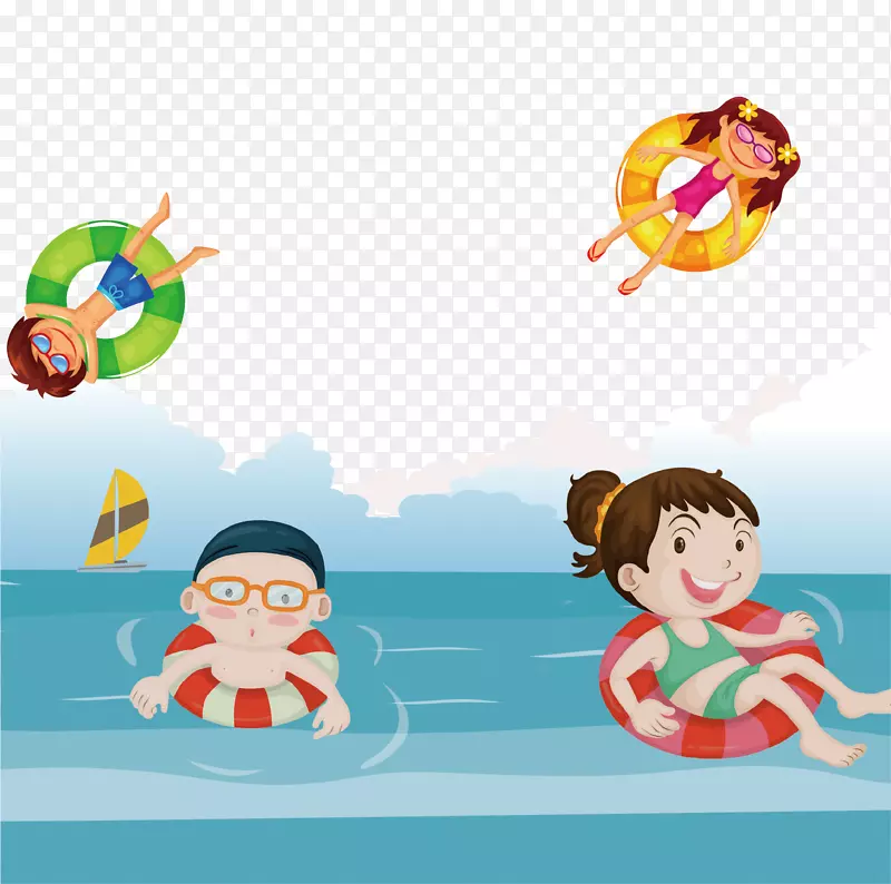 卡通手绘儿童游泳插画