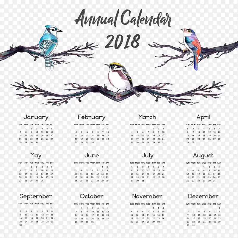 彩绘树枝鸟2018年年历矢量图