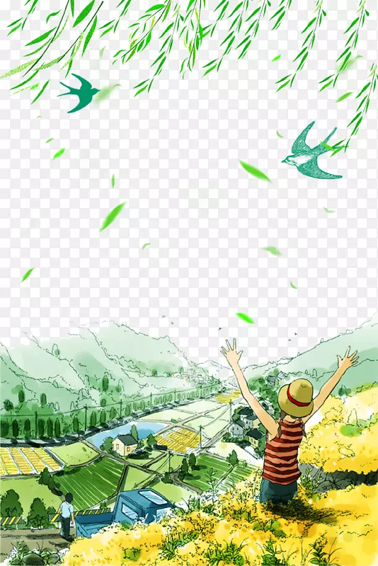 绿色卡通清新春游柳树背景