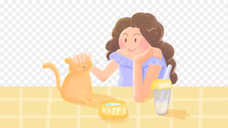 免抠卡通手绘喂猫咪的女孩
