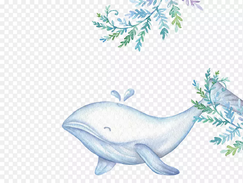 免抠卡通手绘蓝色的海豚树叶装饰