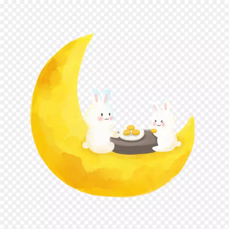 手绘卡通玉兔坐在月亮上吃月饼