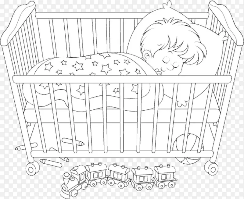 黑白单线婴儿床睡着的宝宝