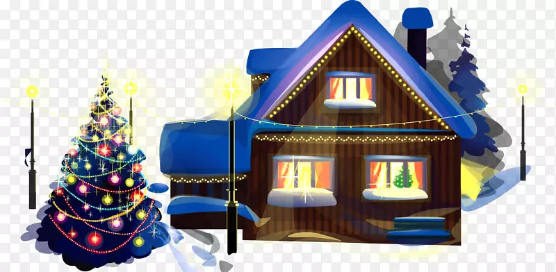 卡通黑蓝色冬季房屋和圣诞树