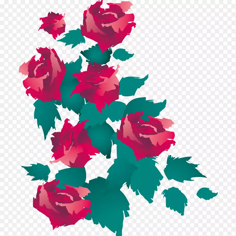 红色玫瑰花和叶子水彩图
