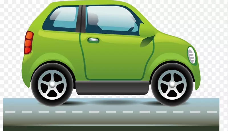 绿色小汽车马路行驶矢量图