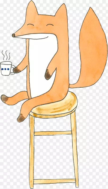手绘卡通小狐狸喝茶