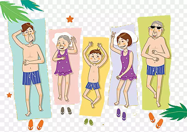 卡通手绘一家人在沙滩晒太阳的图