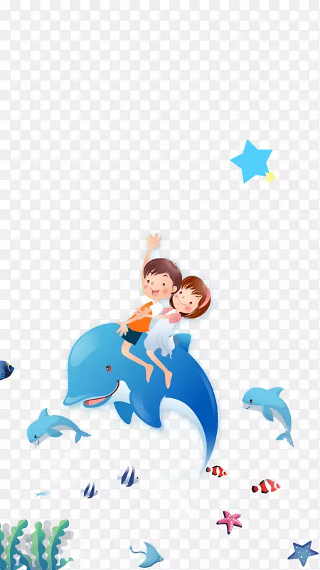 免抠卡通手绘坐在蓝色鲸鱼上的孩