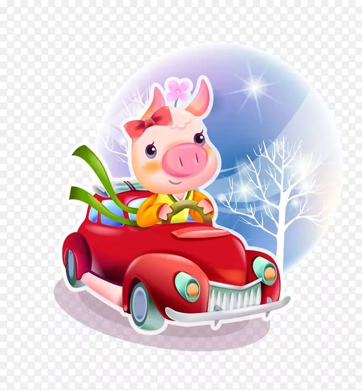 卡通红色可爱小猪开车