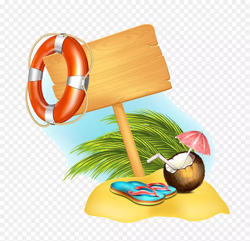 救生圈指示牌人字拖和椰子树插画