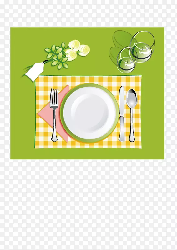 清新草绿色桌布及餐具摆设