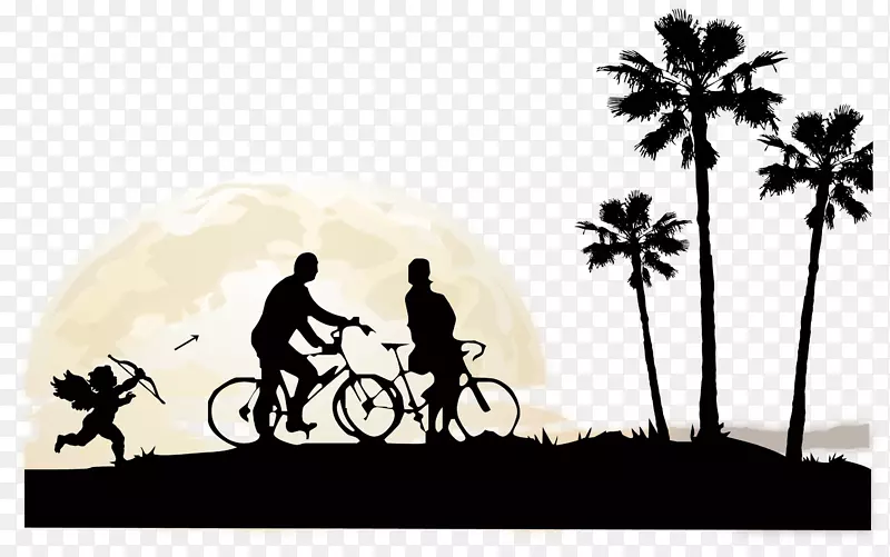 自行车情侣天使椰子树剪影