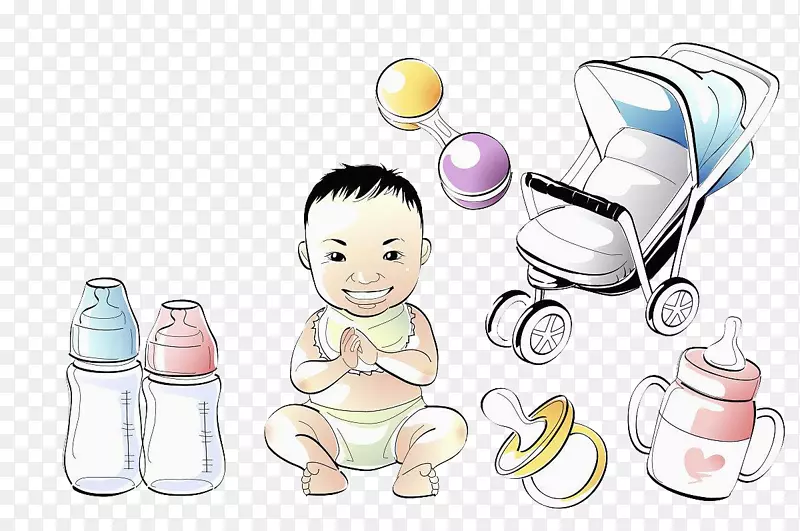 卡通小孩奶瓶婴儿车