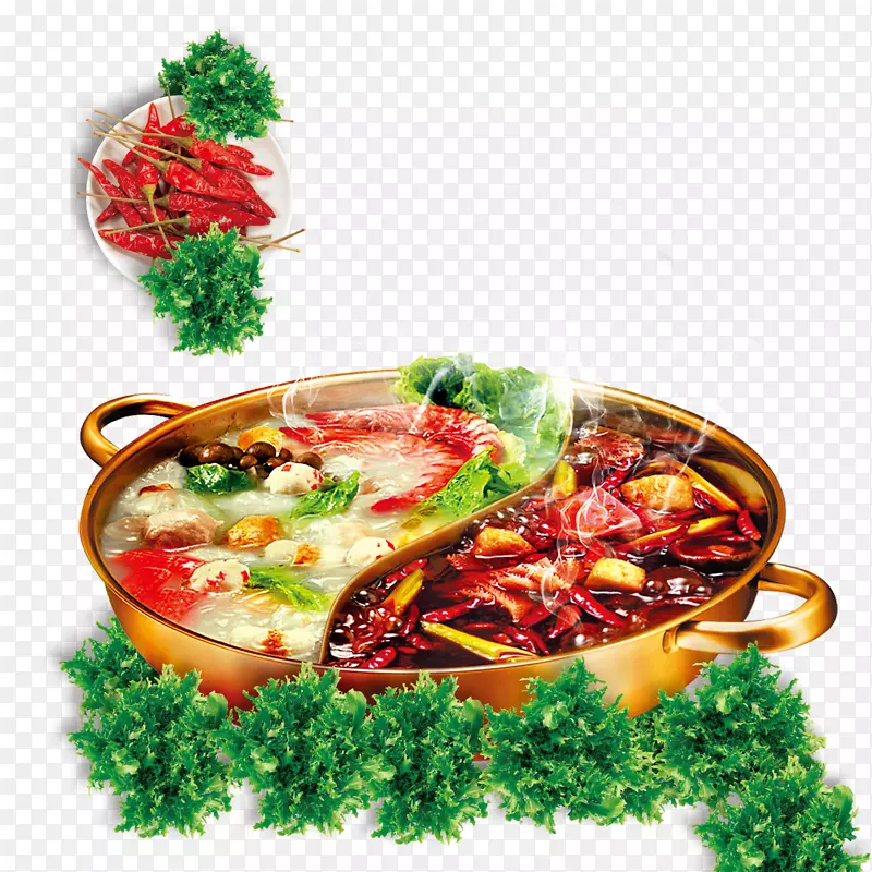 香菜绿色红色红汤火锅