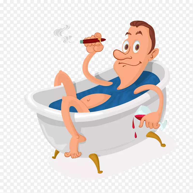 卡通浴缸里泡澡的男人抽雪茄喝红