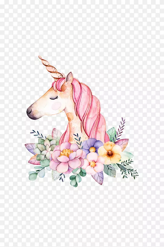 高清免抠水彩粉色花卉独角兽图案