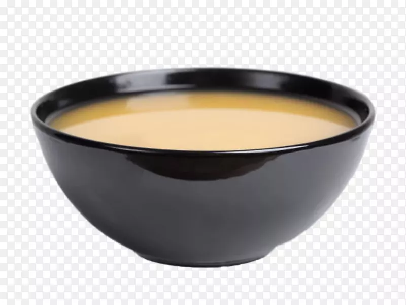 黑色装着汤料的碗侧面图