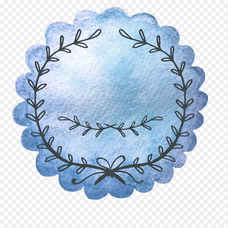 花环水彩蓝色婚礼标签矢量图