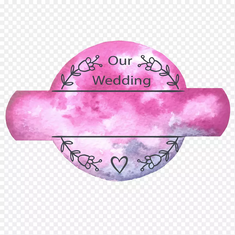 水彩粉色花环婚礼标签矢量图