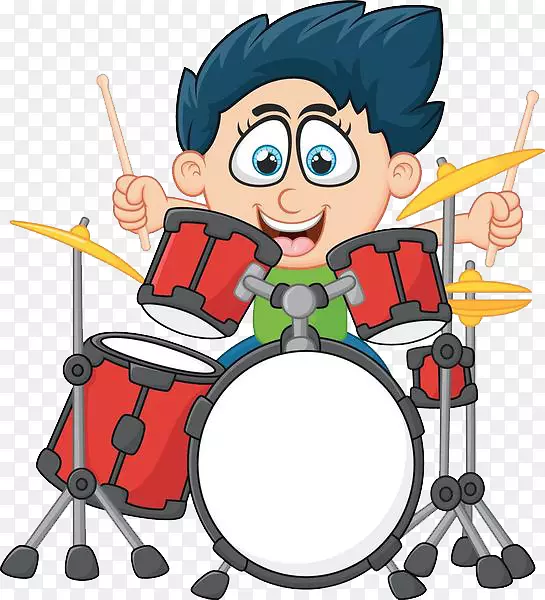 卡通人物插图表演架子鼓的男孩