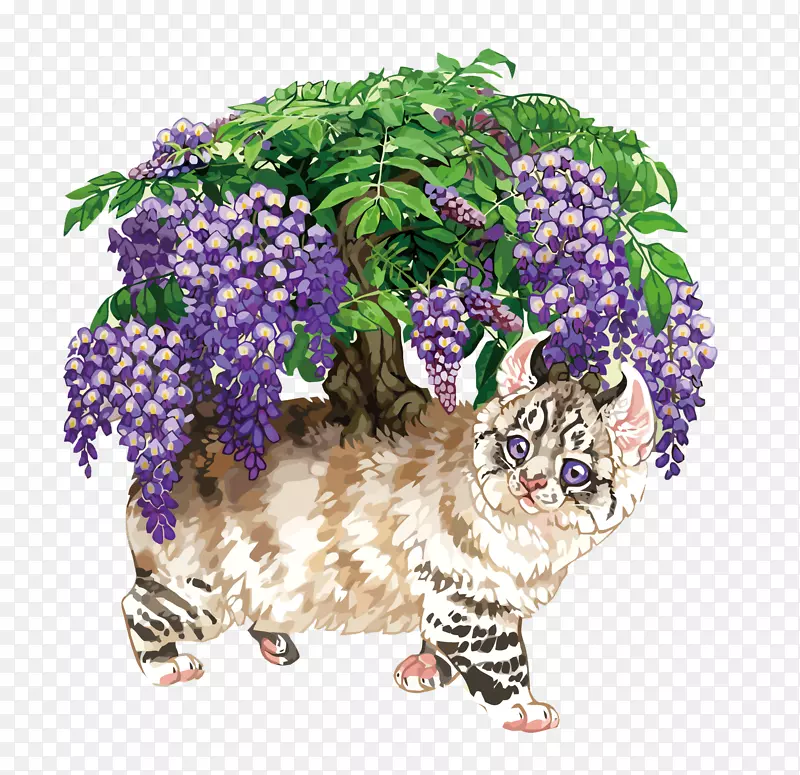 矢量紫藤花和猫