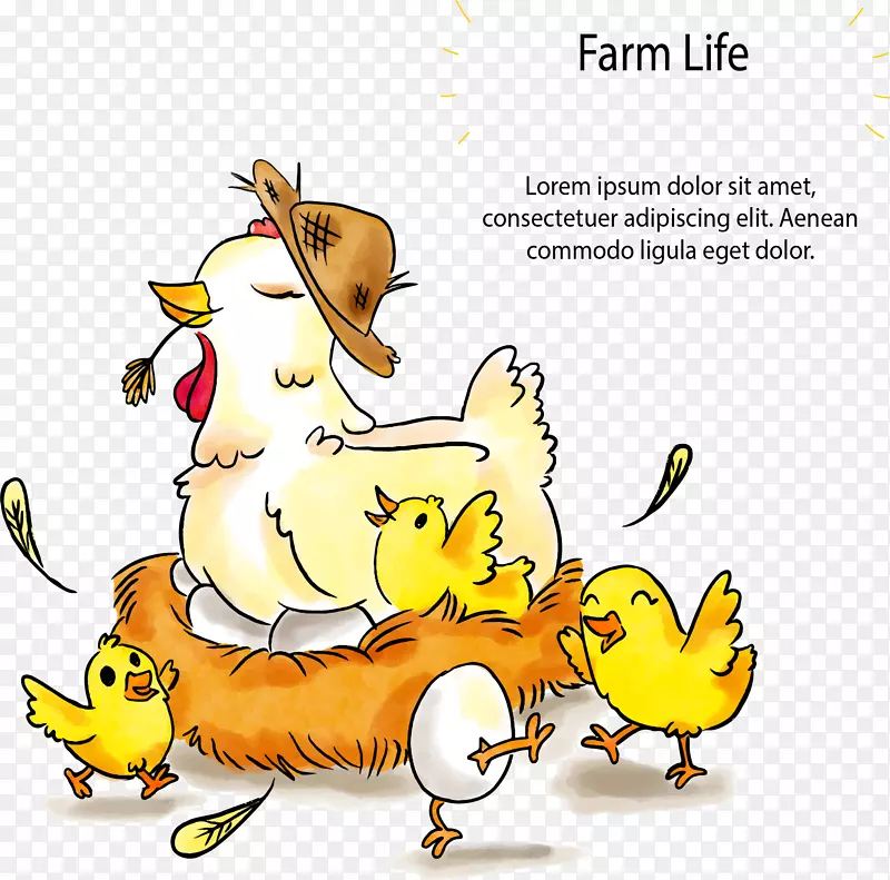 彩绘农场鸡窝里的母鸡和鸡仔矢量
