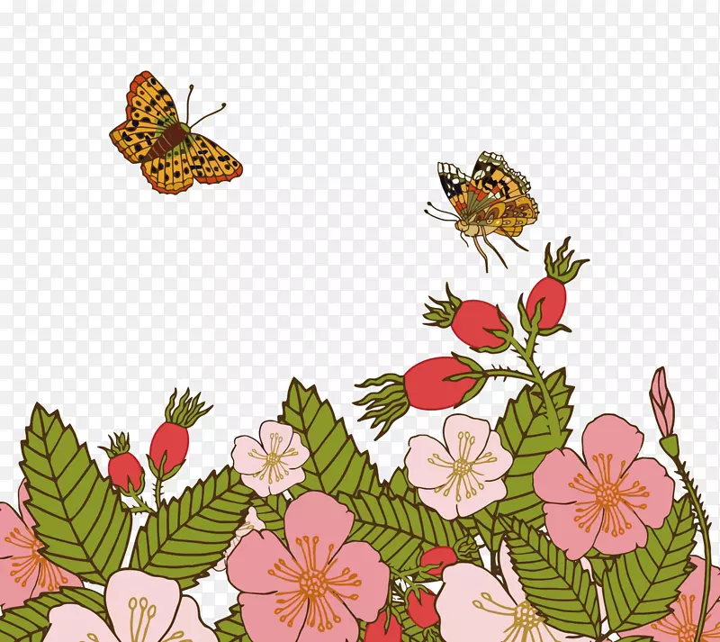 矢量卡通花朵和蝴蝶