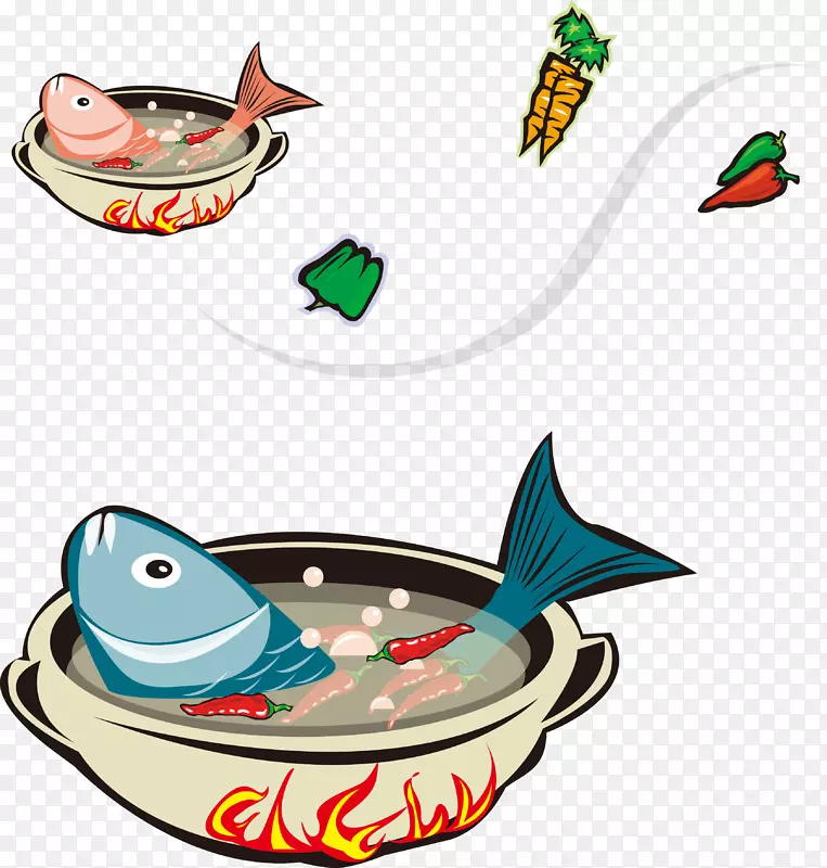彩色矢量手绘鱼肉汤锅