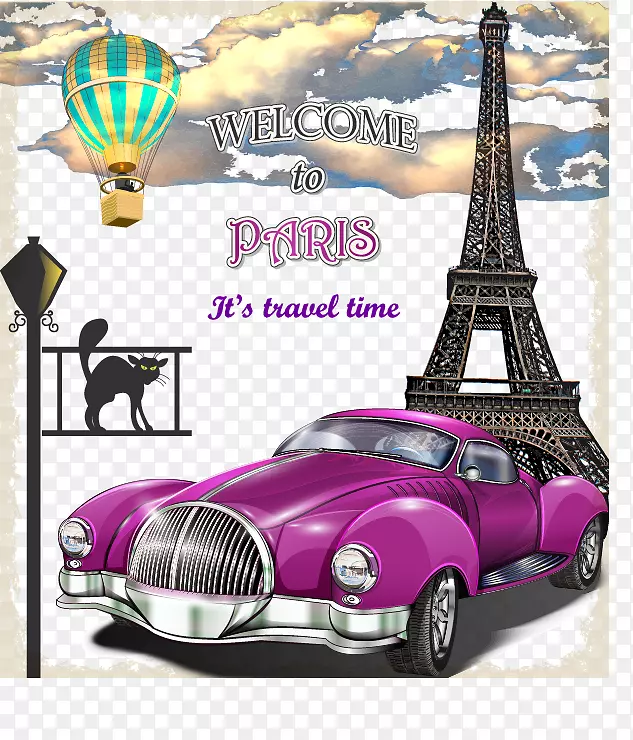 复古巴黎紫色轿车矢量素材下载,