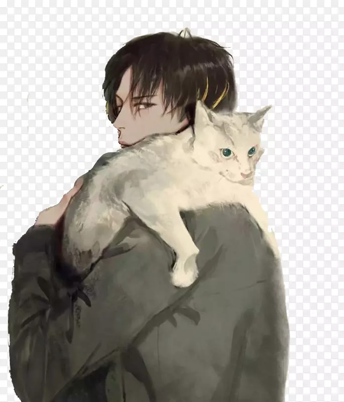 抱着猫的男人背影手绘