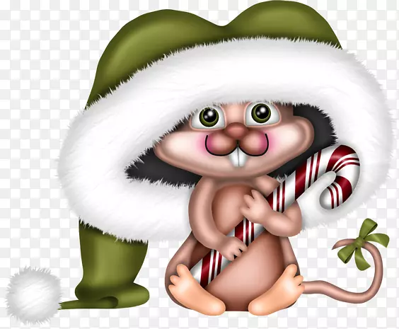 卡通戴绿色圣诞帽的老鼠