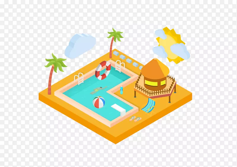 夏日度假酒店游泳池2.5d矢量插画