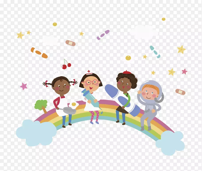 四个小朋友绘画美丽彩虹