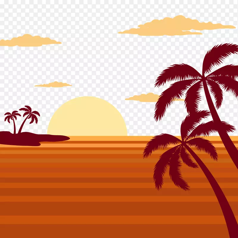 夕阳下的大海和棕榈树矢量图