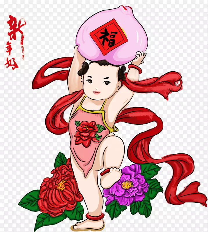 手绘中国风装饰年画娃娃