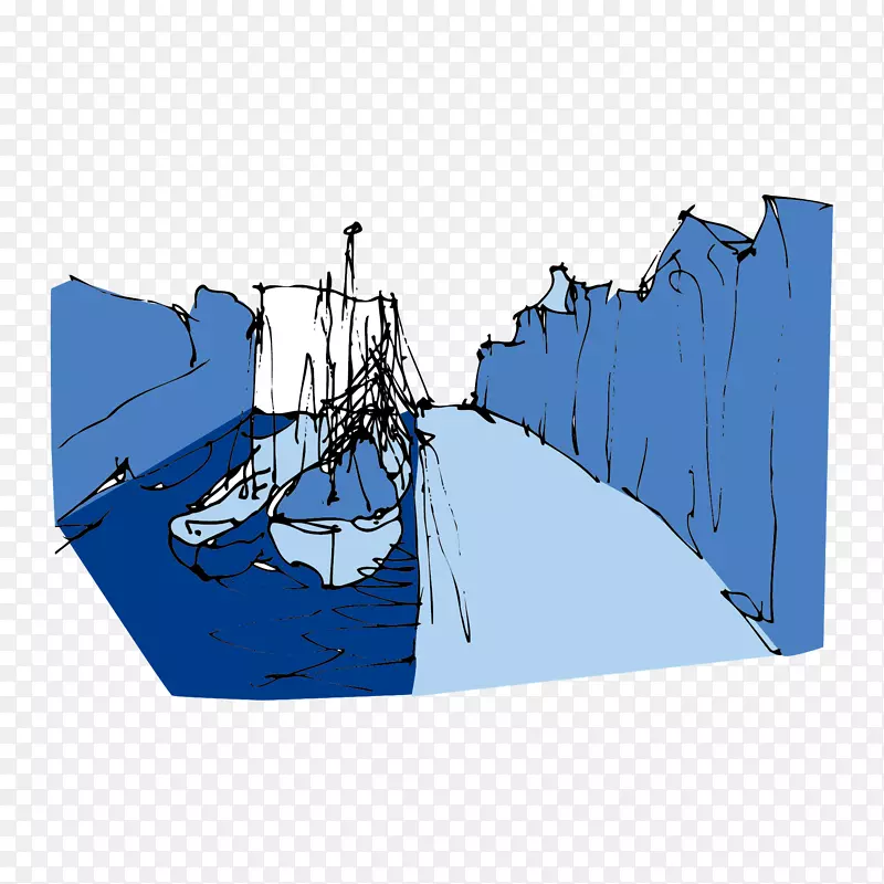蓝色帆船河流风景插画矢量