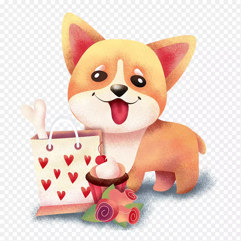 情人节可爱宠物狗与礼品袋插画
