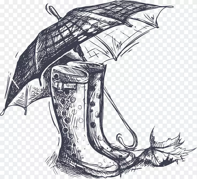 手绘速写插图波点雨鞋与格子雨伞