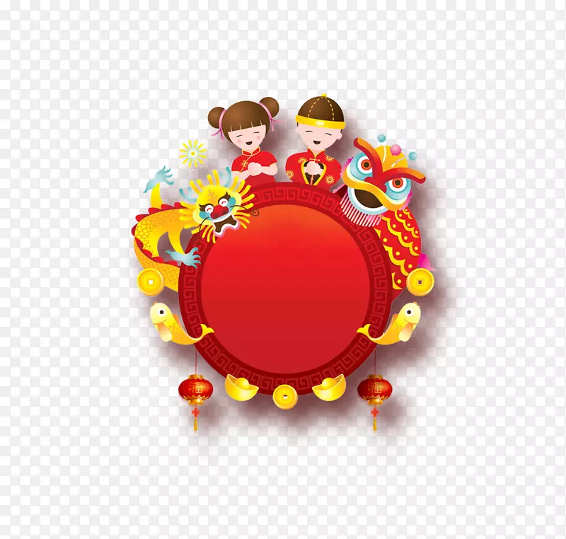 红色中国风舞龙打鼓插画